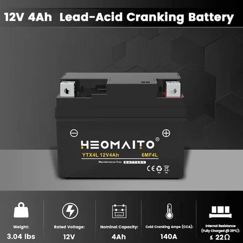 Miniatura 2 de Batería de plomo-ácido YTX4L-BS, 12V 4Ah, 140 CCA, 6MF4L sin mantenimiento, para batería de motocicleta AGM, motocicletas 50–100 CC, ATV 50–90 CC