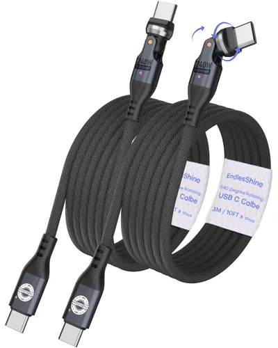 Miniatura 13 de Cable USB tipo C a C PD de 240 W (1 paquete de 3.3 pies) USB2.0 480MBPS y cable de transferencia de datos de rotación de 180° y 360°, cable de carga