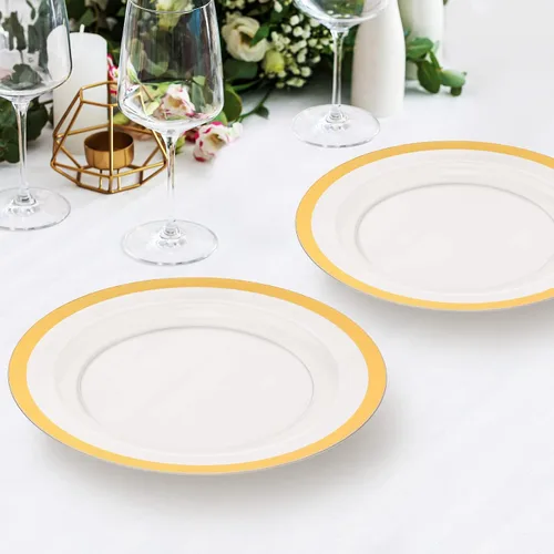 Miniatura 6 de Tanlade 100 platos de plástico negro transparente a granel de 7.5 pulgadas desechables de alta resistencia con borde rojo redondo ensalada postre