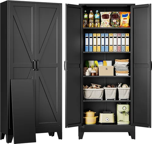 Miniatura 16 de Armario de almacenamiento negro con puertas y estantes ajustables, gabinetes de despensa de alimentos de granja de 36 pulgadas de alto, armario
