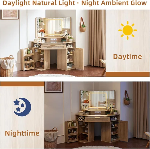 Miniatura 7 de Lerliuo Tocador Esquinero con Espejo de 3 Vías y Luces, Tocador de Maquillaje de Ratán de 46'' con Cajón Superior de Cristal, Gabinetes de Madera