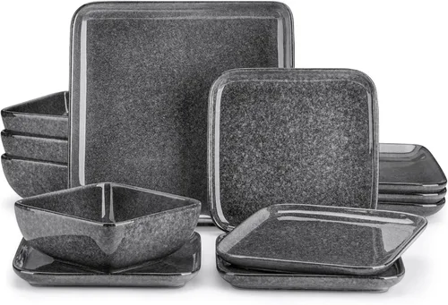 Miniatura 9 de vancasso Stern Gray - Juego de vajilla de 16 piezas de cerámica de cocina con esmalte reactivo cuadrado, juego de vajilla de piedra con plato de Gris