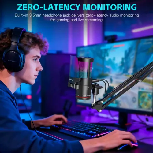 Miniatura 6 de ZealSound Gaming Microphone for PC/Mac/iPhone/Phone – 192kHz/24-bit Podcast Mic with Noise Reduction, Tap-to-Mute, Gain, Monitoring, Boom Arm, Pop