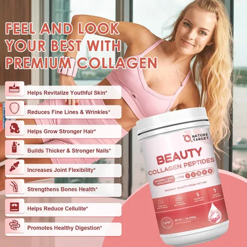 Miniatura 5 de NATURE TARGET Beauty - Polvo de péptidos de colágeno para mujeres, polvo de colágeno múltiple con vitamina C, biotina, ácido hialurónico, sin sabor