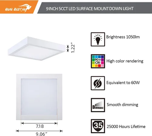Miniatura 2 de Lámpara de techo cuadrada LED de 9 pulgadas, equivalente a 60 W, 2700 K/3000 K/3500 K/4000 K/5000 K CCT seleccionable, CRI 90+, luz de panel LED