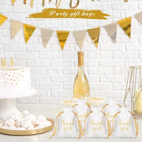 Miniatura 6 de Roowest 100 piezas de bolsas de regalo de satén con cordón para agradecimiento, bolsas de joyería y caramelos para boda, despedida de soltera, Blanco