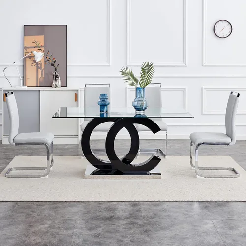 Miniatura 9 de Juego de mesa de comedor Ebullient para 6, juego de mesa de comedor de 7 piezas, tapa de mesa de cristal templado, mesa moderna de comedor con 6
