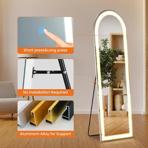 Miniatura 6 de Espejo arqueado de cuerpo entero con luces LED, espejo de piso de 60"x16" con soporte, espejos corporales de piso con atenuación e iluminación de 3