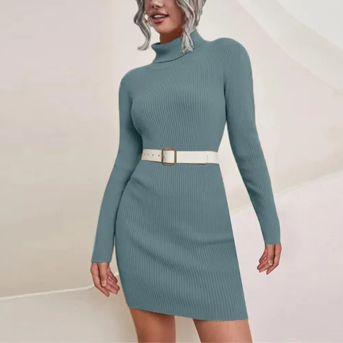 Miniatura 2 de Vestido de suéter para mujer, cuello redondo, manga larga de farol, tejido grueso, con cinturón, a la moda, vestido largo