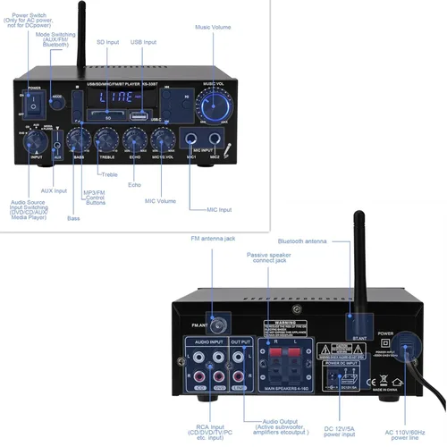 Miniatura 4 de Amplificador de audio 800W, amplificador estéreo para el hogar con 2 canales, RMS 60Wx2, Bluetooth 5.0, mini amplificador HiFi con eco, micrófono