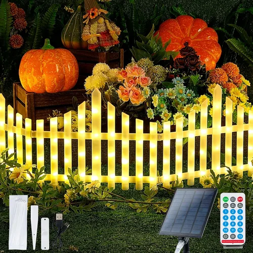 Hopolon Paquete de 4 luces solares de jardín al aire libre, 11.1 pulgadas de alto x 4.6 pies de largo, 144 luces LED blancas para valla de estacas