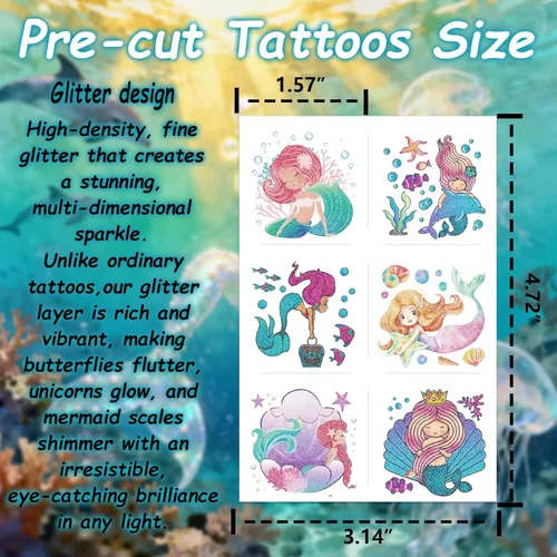 Miniatura 4 de Tatuajes temporales con purpurina para niñas, 180 hojas individuales de sirena, mariposa, unicornio, calcomanías de tatuaje para niños, tatuajes