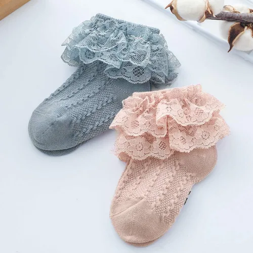 Miniatura 2 de Colorful Childhood Calcetines de encaje con volantes y ojales para bebés y niñas pequeñas, calcetines cortos de doble encaje para recién nacidosbebés
