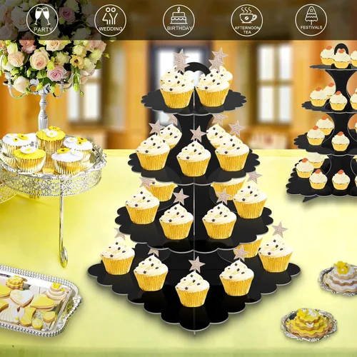 Miniatura 3 de Soporte redondo y cuadrado para cupcakes de 4 niveles, paquete de 2 soportes de cartón resistente para cupcakes 24/50 Pantalla negra para Negro