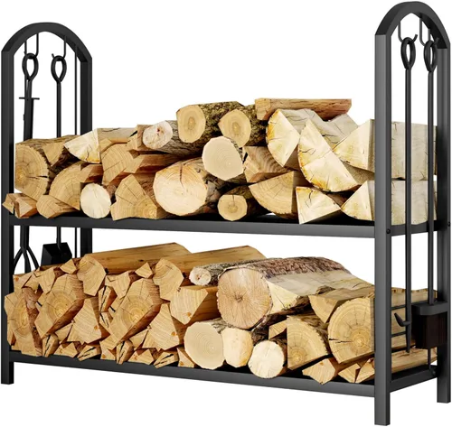 Miniatura 6 de Fire Beauty - Soporte para leña de chimenea con 5 piezas, soporte para troncos con juego de herramientas de 4 piezas, soporte para leña