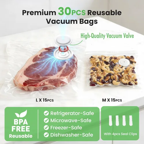 Miniatura 2 de Máquina compacta selladora al vacío con batería de 1500 mAh, sellador de alimentos de mano con 30 bolsas reutilizables, succión de 60 kPa y carga