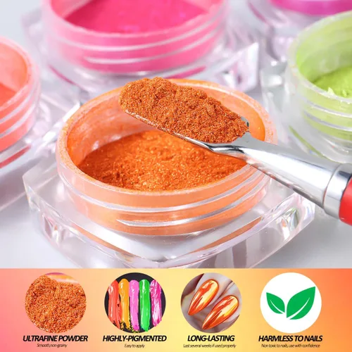 Miniatura 5 de Polvo de pigmento de uñas de neón, 5 colores de efecto espejo metálico, polvo cromado para uñas, diseño de uñas iridiscentes degradadas, kit