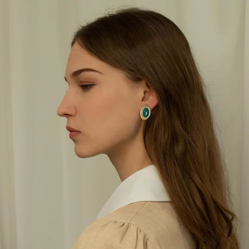 Miniatura 2 de Aretes gruesos de color dorado, geométricos de oro de 18 quilates, turquesa, lapislázuli, verde, rojo, ovalados para mujer