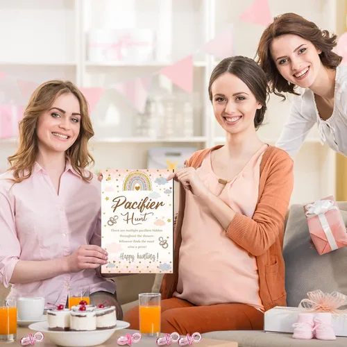 Miniatura 3 de Thyle Juego de 51 piezas de chupete de caza para baby shower, incluye signo de caza y 50 chupetes acrílicos para decoración de juegos de baby Rosa