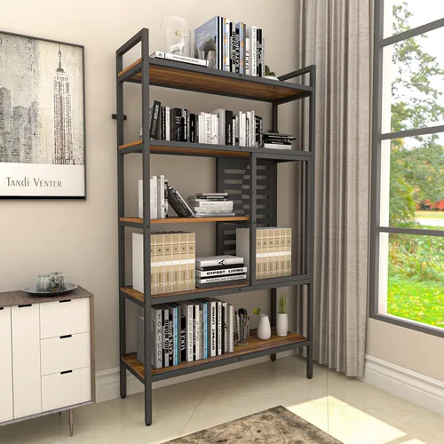 Miniatura 4 de Weehom Estantería industrial ajustable de 5 niveles, estantería de madera moderna con marco de metal estable, estantes de almacenamiento abiertos