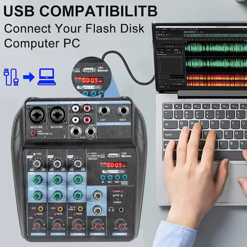 Miniatura 6 de Dj Mixers - Mezclador de audio de 4 canales con Bluetooth, interfaz de audio USB portátil con alimentación fantasma de 48 V, tablero mezclador