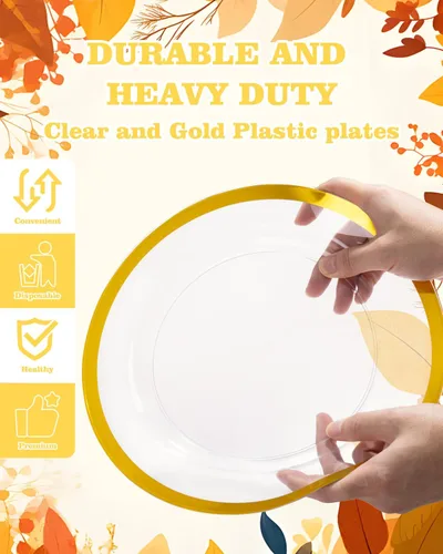 Miniatura 3 de YOUBET 210 platos de plástico dorado, platos desechables dorados transparentes resistentes, incluye 30 platos llanos, 30 platos de postre, 30 tazas