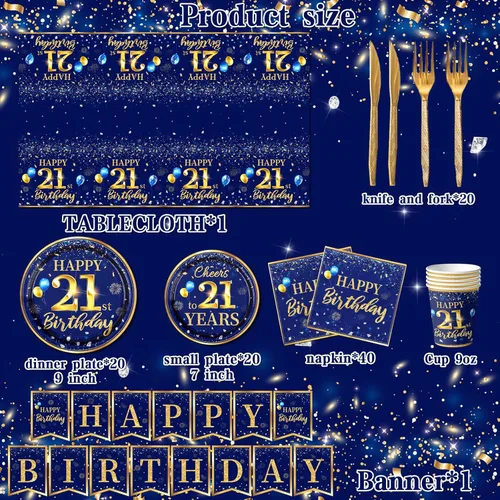 Miniatura 6 de Decoración de cumpleaños número 21 para hombre, juego de vajilla de cumpleaños azul marino y dorado de 142 piezas (reserva para 20), incluye