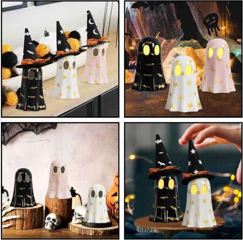 Miniatura 6 de DAZONGE Decoración de Halloween para interiores, juego de 3 fantasmas de cerámica con sombreros de bruja, bonitas figuras de fantasmas espeluznantes