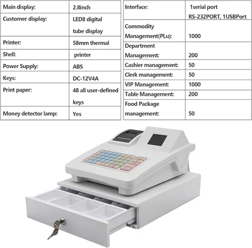 Miniatura 6 de Caja registradora electrónica, sistema POS, caja registradora comercial, 48 teclas, 8 llaves, pantalla LED digital, cajón de dinero cuadrado Estilo C