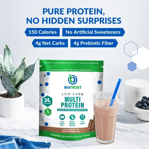Miniatura 3 de BioTrust Proteína en polvo baja en carbohidratos, deliciosa mezcla de suero y caseína de vacas alimentadas con pasto, sin OMG, sin gluten (chocolate)