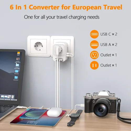 Miniatura 9 de Convertidor de voltaje de Estados Unidos a Europa con 2 puertos USB A y 2 puertos USB C de carga rápida, convertidor de corriente de 220 V a 110 V