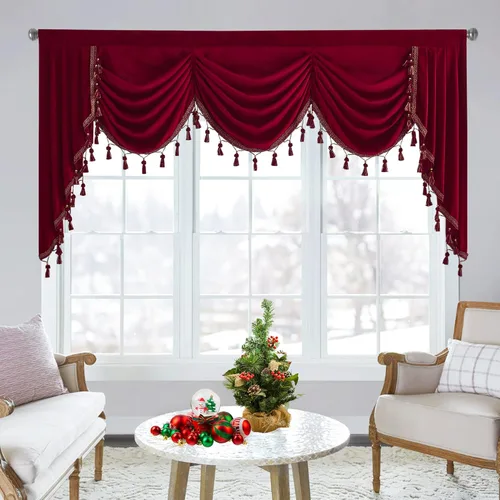 Miniatura 47 de StangH Cortinas decorativas de lujo, cenefa azul con bloqueo de luz, cenefa festoneada para ventana pequeña con bolsillo sólido para barra, cortina