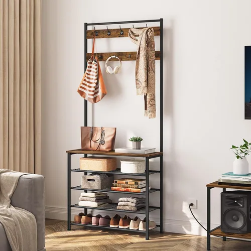 Miniatura 5 de HOOBRO Árbol de pasillo, perchero con zapatero, árbol de pasillo con banco, organizador de almacenamiento de zapatos de 5 niveles con 9 ganchos