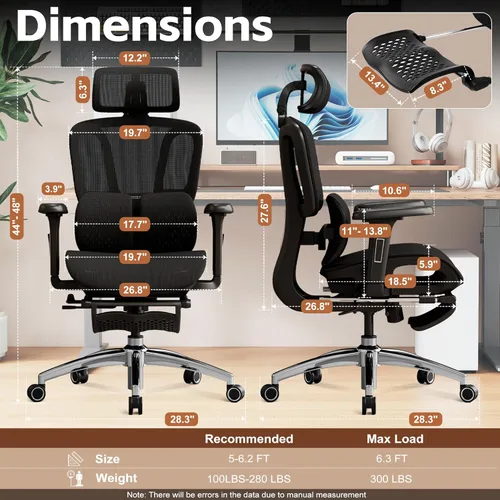Miniatura 2 de Vonesse Silla de oficina ergonómica con reposapiés, sillas de escritorio con reposacabezas y reposabrazos ajustables 3D, silla de juegos de Negro