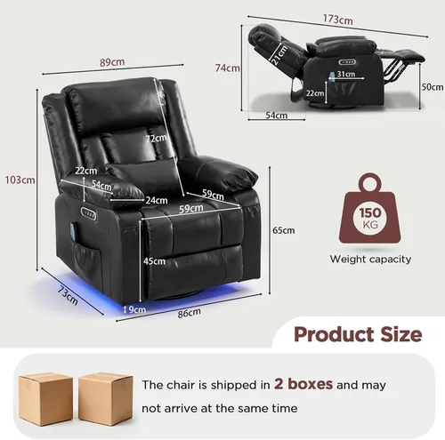 Miniatura 2 de Silla reclinable giratoria eléctrica con motor doble, sillón reclinable eléctrico con masaje por vibración y calor, luz LED, silla reclinable