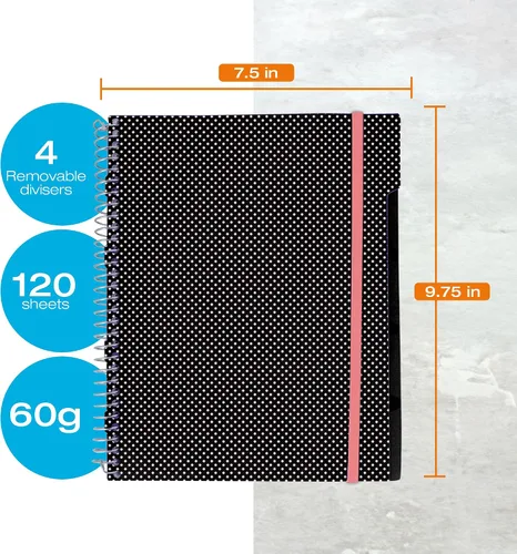 Miniatura 3 de Confetti Cuaderno de espiral – 4 separadores extraíbles, cubierta a prueba de derrames, banda elástica de cierre, bolsillo de almacenamiento – Bloc