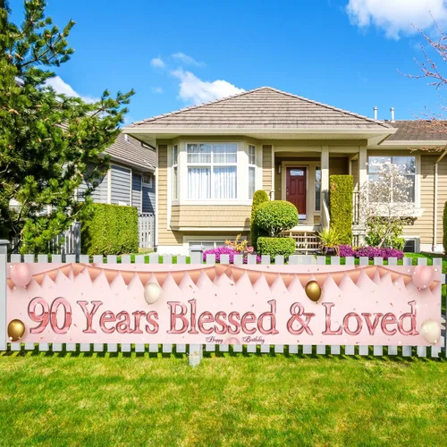 Labakita Cartel de 90 años bendecidos y amados, pancarta grande de feliz cumpleaños 90, decoraciones de cumpleaños de mamá abuela 90 años, pancarta