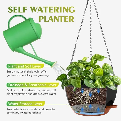 Miniatura 3 de GARDIFE Macetas colgantes para plantas de interior y exterior, juego de 2 macetas colgantes de riego automático con agujeros de drenaje y bandeja