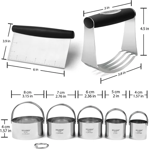 Miniatura 8 de HULISEN Juego de cortador de galletas de acero inoxidable, raspador de pastelería y licuadora de masa, resistente y duradero con agarre de goma