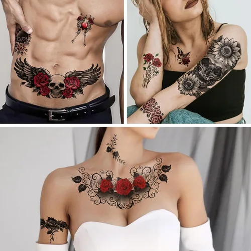 Miniatura 6 de Tatuajes temporales para hombres y mujeres adultos, 77 hojas de calcomanías de tatuaje falsas, lágrimas de serpiente, relojes, planetas