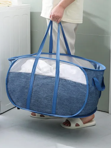 Miniatura 4 de MOOMASS Cesta de lavandería plegable, de malla, con correas extendidas para los hombros, asas resistentes y tela catiónica de primera calidad (azul)