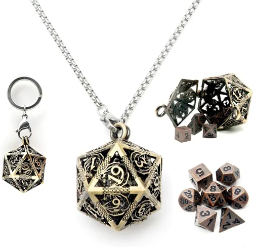 Miniatura 10 de Haxtec Mini Juego de Dados de Metal DND con Estuche de Cuello Hueco Juego de Dados de Metal Pequeños Antiguos Juego de Llaveros D&D Portátil Juego