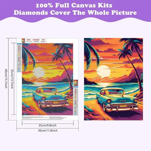 Miniatura 2 de SENQAO Kits de arte de diamantes de coche para adultos, kits de arte de diamantes de coco 5D, pintura de paisaje de puesta de sol, taladro completo