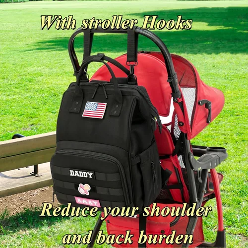 Miniatura 9 de Mochila para pañales para papá y mamá con puerto de carga USB, correas para cochecito y bolsillo aislado, mochila de viaje militar del ejército
