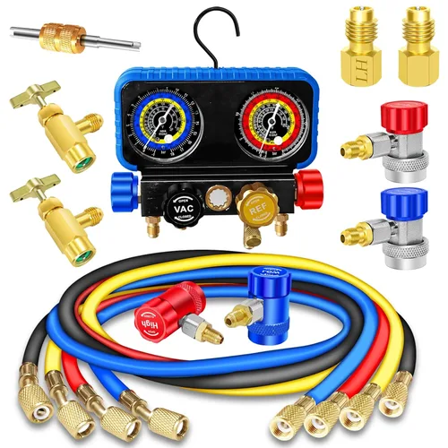 Miniatura 3 de Boltigen R1234yf Juego de calibradores de 4 vías para refrigerante R1234yf R134a, kit de medidor de CA automotriz con manguera, acopladores rápidos