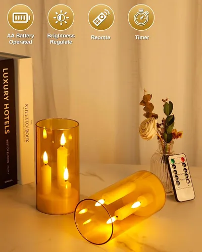 Miniatura 4 de Enido Oro Juego de 2 Piezas Velas LED Sin Llama Cónicas 3-en-1 con Control Remoto, Juego de Pilares de Acrílico que Funcionan con Baterías, Luces