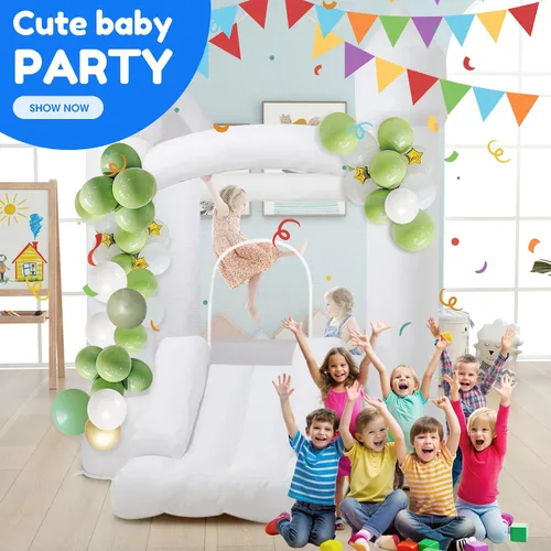 Miniatura 6 de Casa de rebote blanca, casa inflable con tobogán y soplador, castillo animoso blanco para niños en interiores y exteriores, regalos ideales
