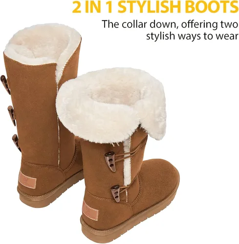 Miniatura 5 de CAMEL CROWN Botas de invierno a media pantorrilla de 12 pulgadas de alto para mujer, botas de nieve de piel sintética con 3 botones, botines de moda