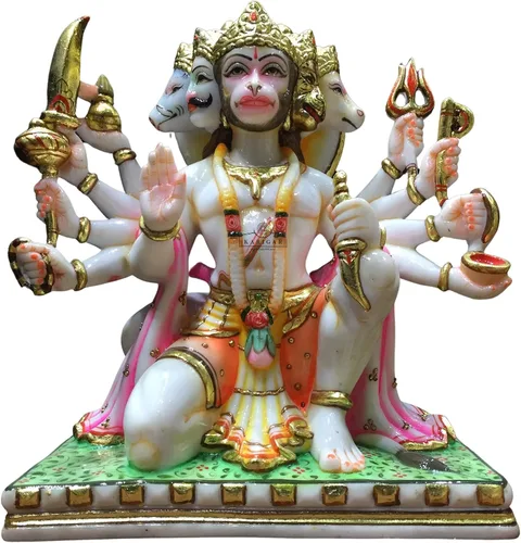 Estatua de Hanuman Murti de 12 pulgadas de hoja de oro grande Panchmukhi Hanuman mármol bendición 5 caras Hanuman figura Hanuman mono hindú dios de