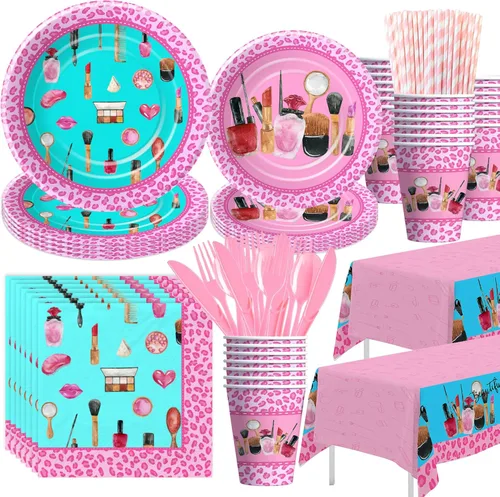 Suministros de fiesta de cumpleaños de spa para niñas, decoración de fiesta de maquillaje para el día de spa, vajilla, plato de papel, taza,